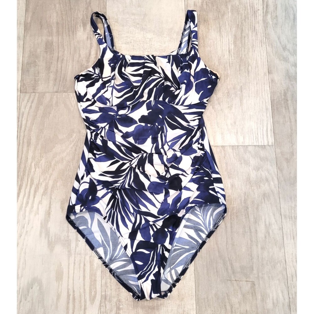 Lands End OnePiece Swimsuit 16 Long Blue White Underwire Ruched Tummy Twist Back
